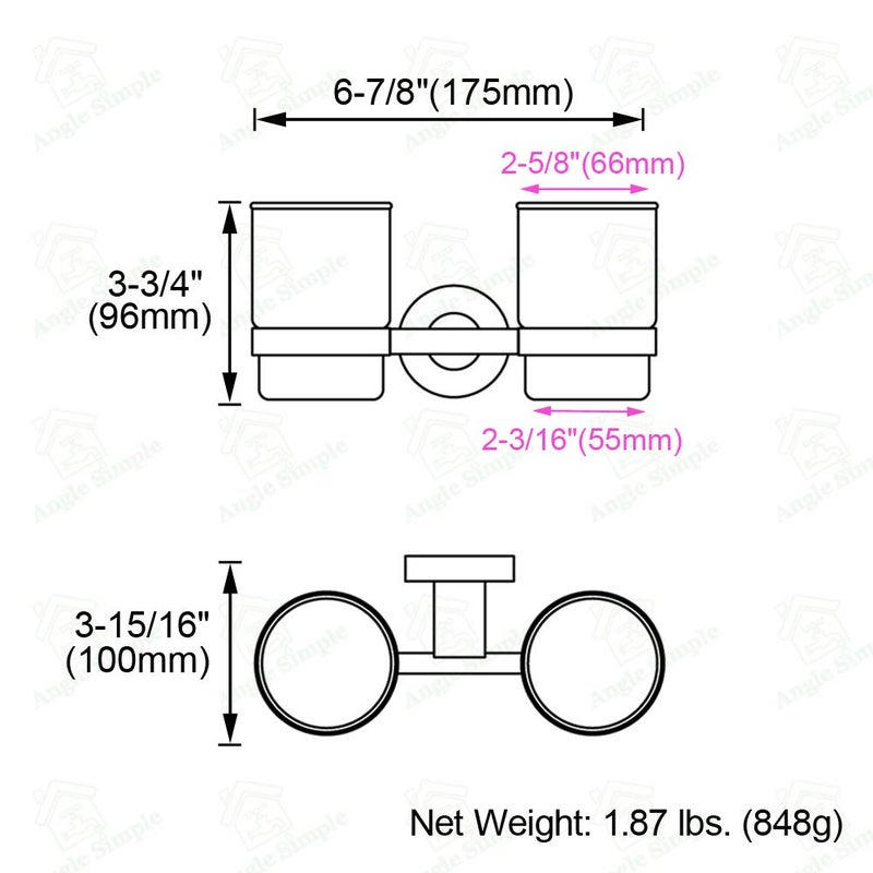 Angle Simple Double Toothbrush Holder, Angle Simple SUS304 Stainless Steel Wall Mounted Glass Tumbler Holder with Frosted Glass Cup Toothpaste Razor Organizer Bathroom Storage, Brushed Nickel - Image 2